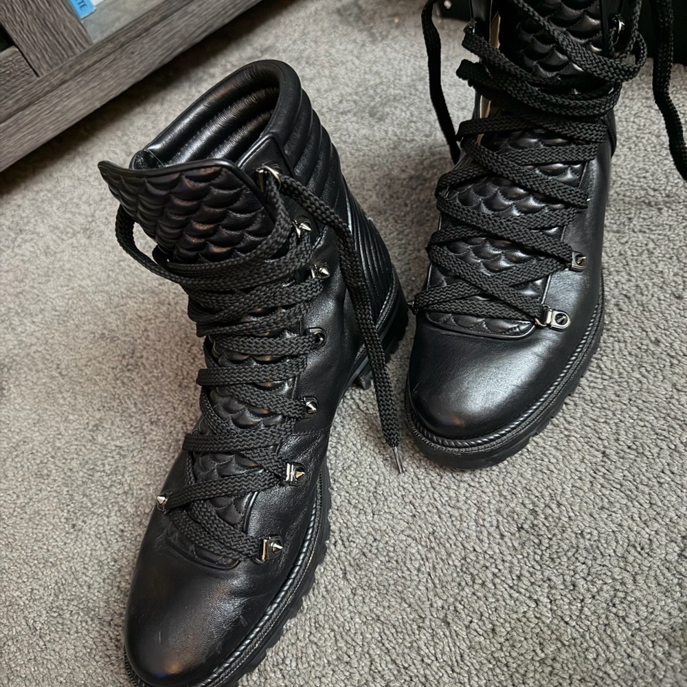 Christian Louboutin Black Leather Combat Boots with Red Soles - Picture 3 of 4